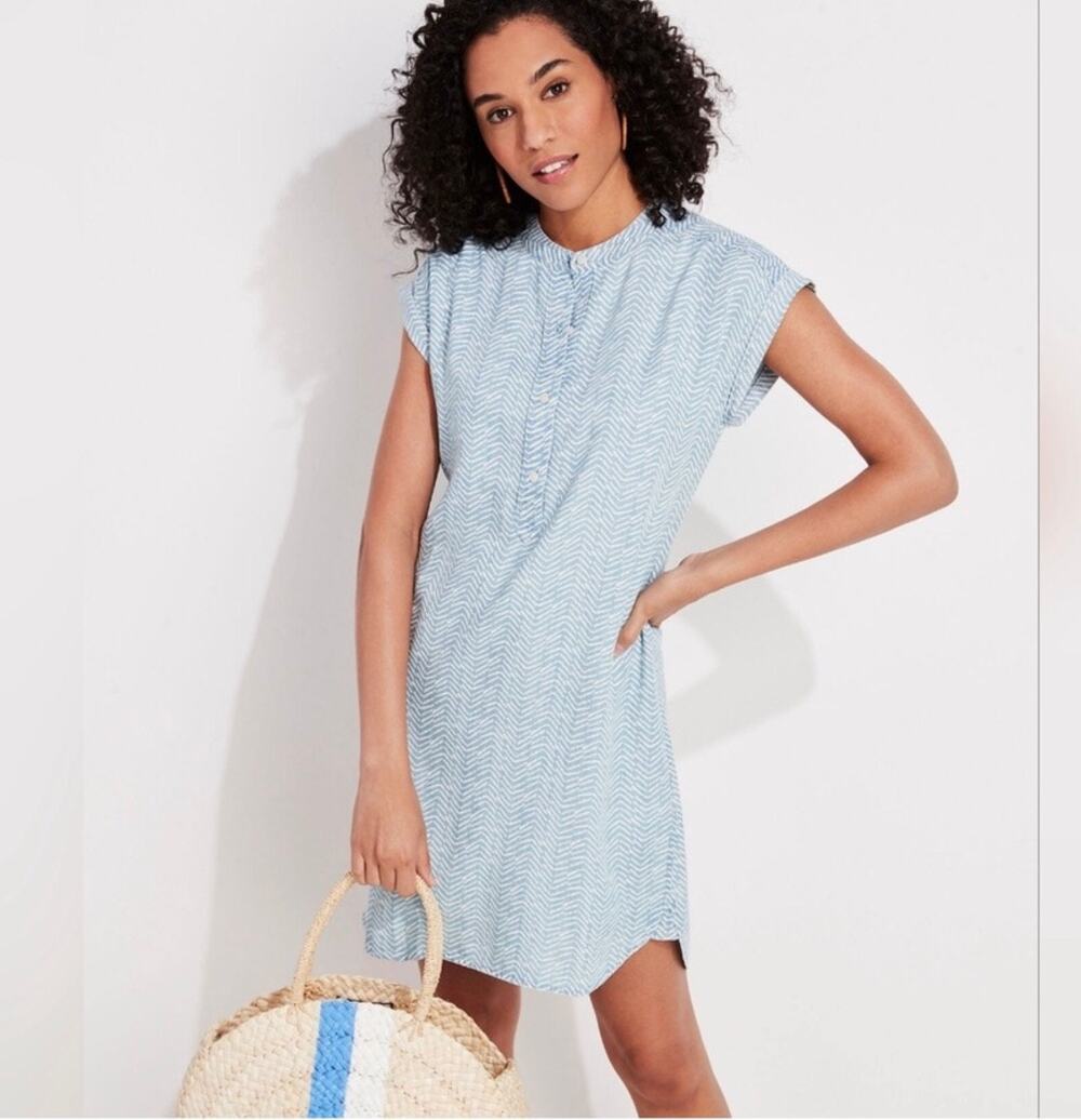 Vineyard Vines Printed Chambray Margo Blue White Herringbone Shirt Dress Size 4